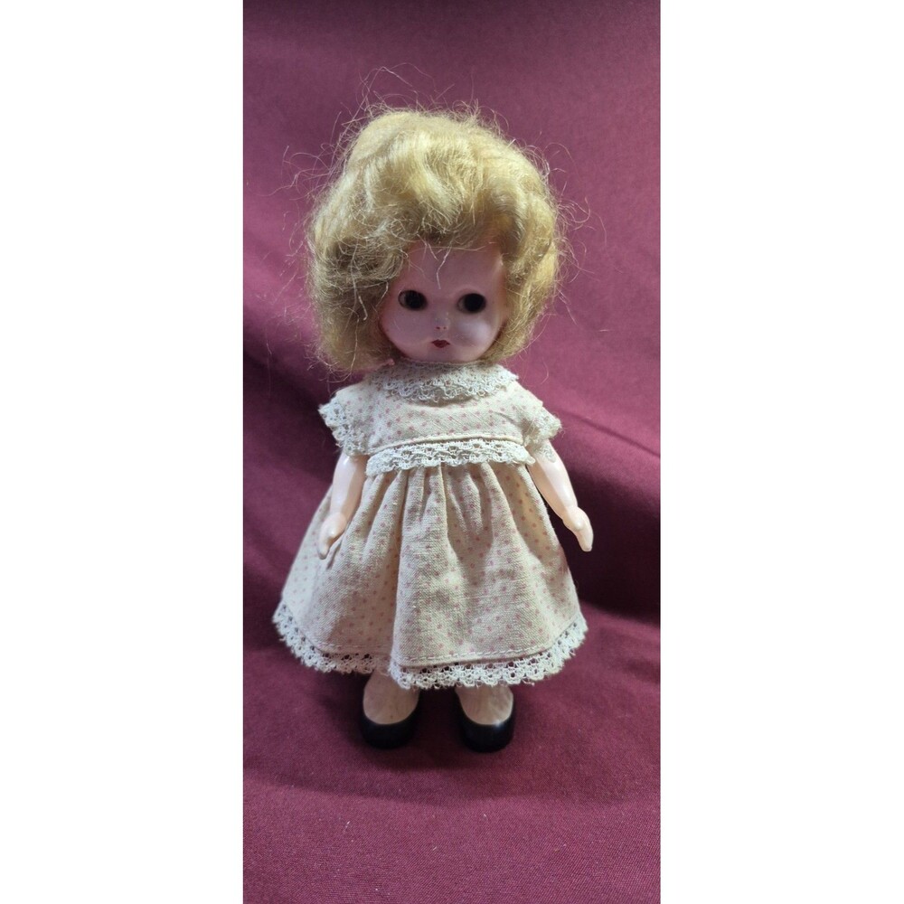 Vintage 1950s Knickerbocker S&E Hard Plastic 6" Doll In Original Dress Cute